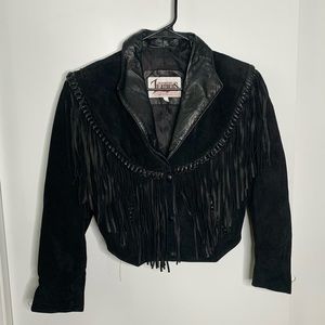 Black Fringe Vintage Diamond Leather Jacket